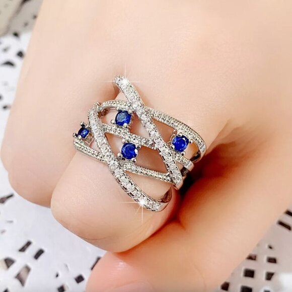 NEW 18k White Gold Sapphire Diamond Ring Band - Picture 2 of 5